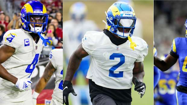 Los Angeles Rams defensive backs Jordan Fuller (4), Russ Yeast (2) and Ahkello Witherspoon (44)